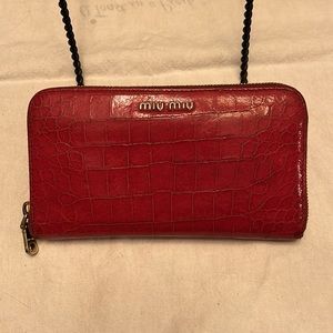 Miu Miu red croc embossed leather zippy zip around long wallet